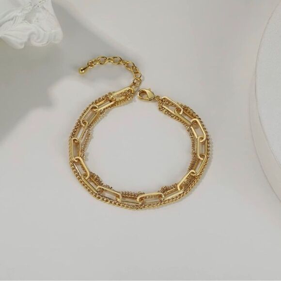 Gold 18k Plated Layered PaperClip Link Braclet - Picture 1 of 3
